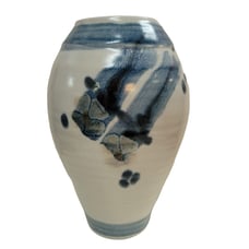 Cobalt Blue White Handmade art pottery vase signed flowers Approximately 9 x 5