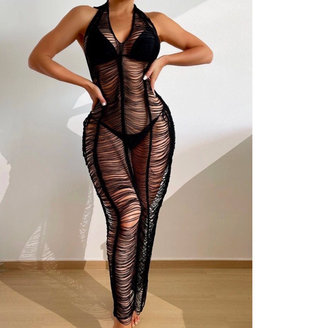 Bikini cover-up dress black sexy long halter open back beach summer dress
