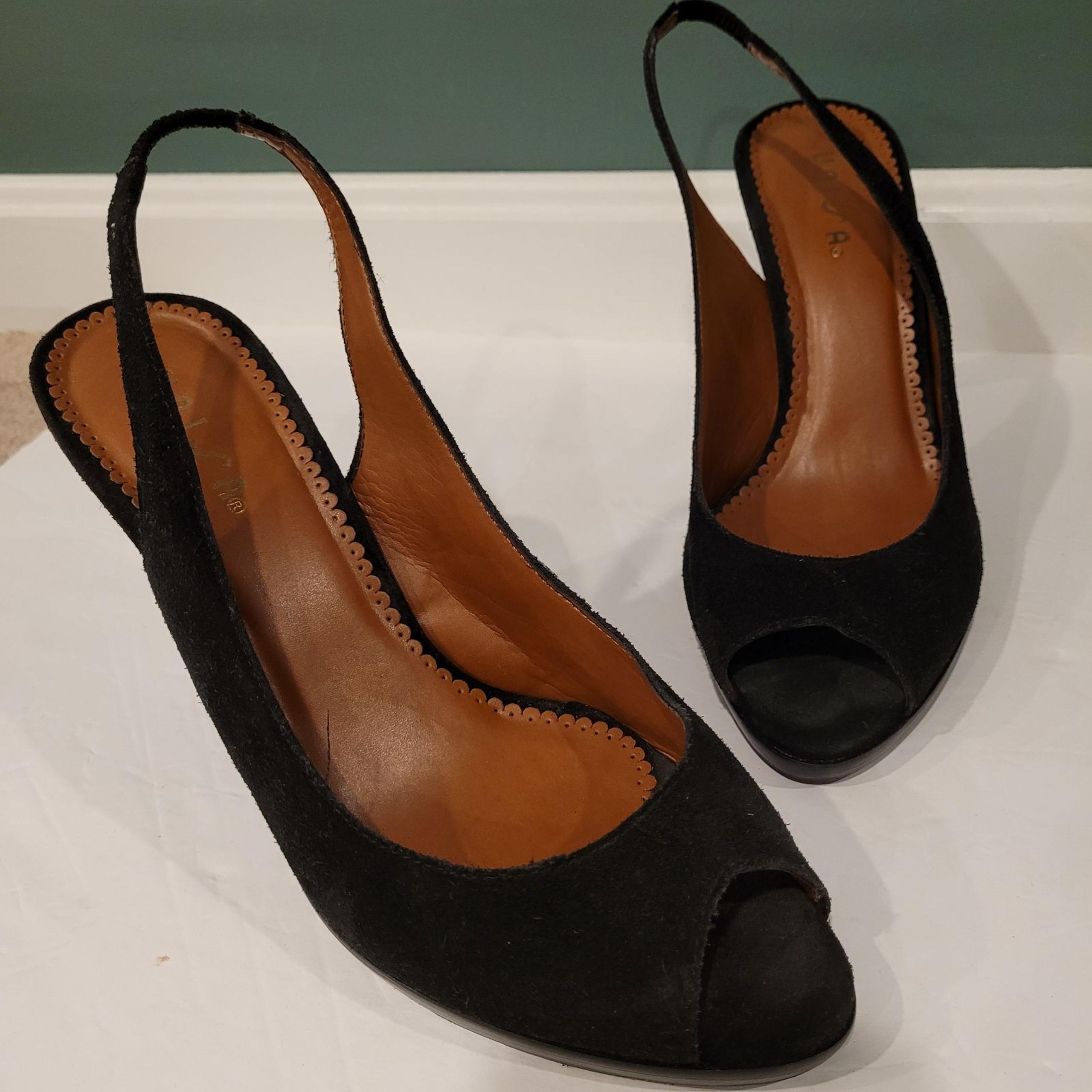 Womens Unisa Peep Toe Heels Pumps Black leather Suede Size 9B with ankle straps
