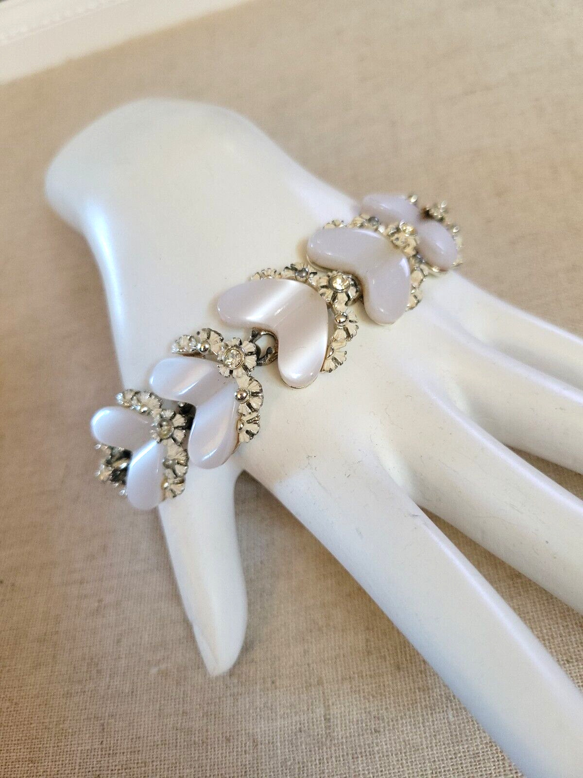 BSK Heart Shaped Moon Glow Thermoset Rhinestone Bracelet Missing Stones Vintage