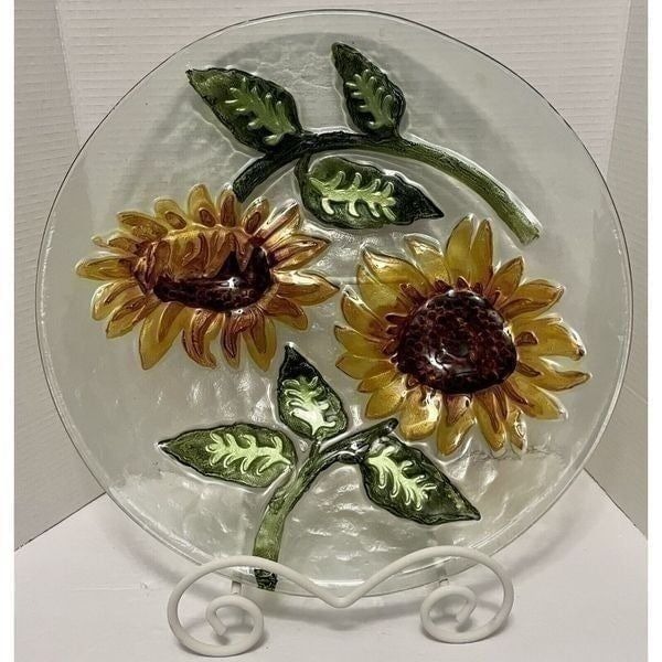 Fused Art Glass Bowl Sunflowers Fall Decor 18” Stand not included.