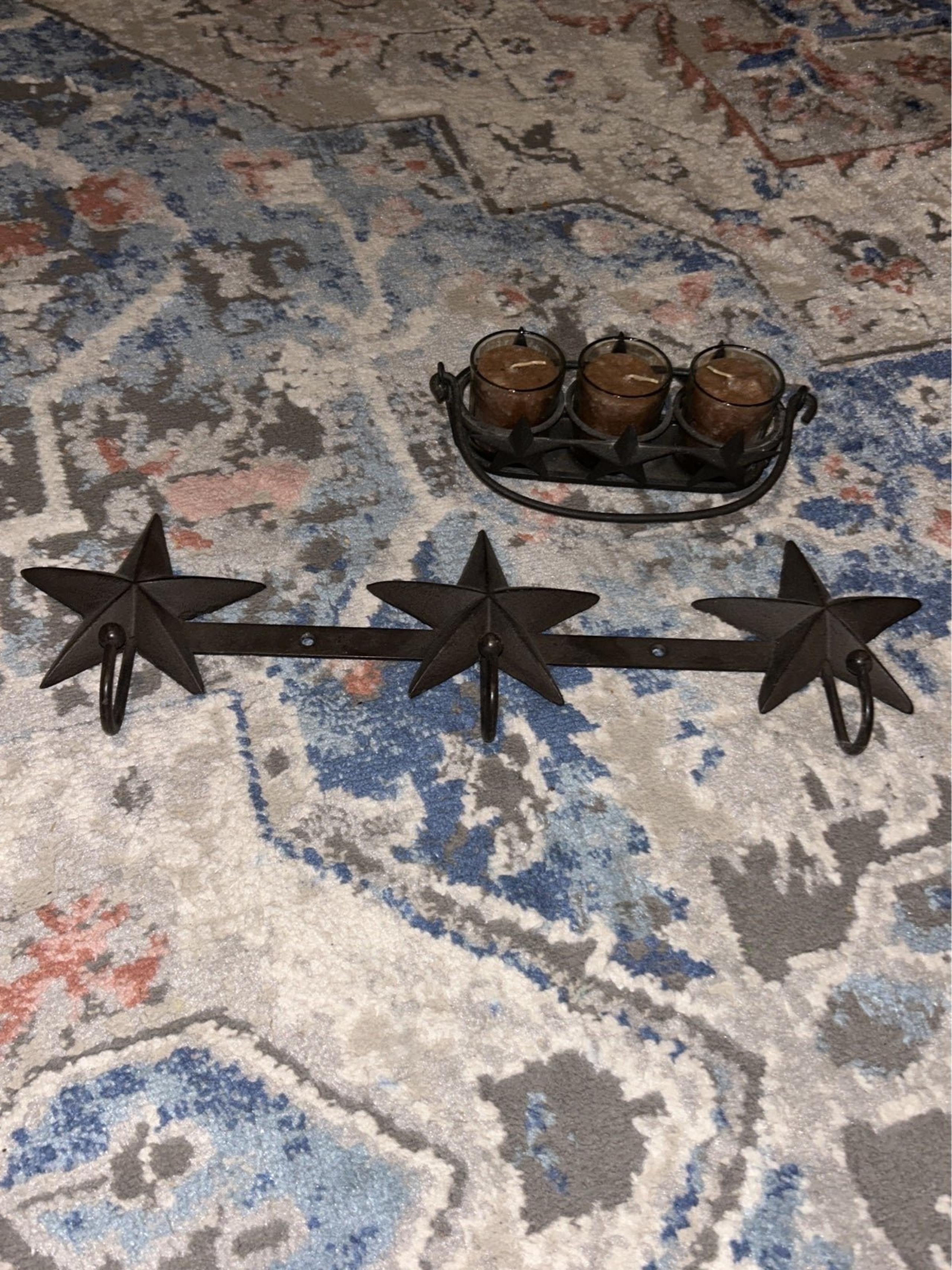 Wrought iron star hook rack and candle holder