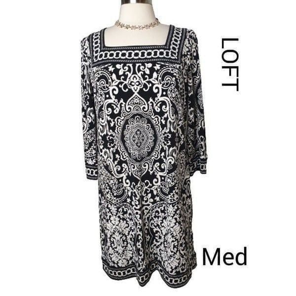 Ann Taylor Women's Dress Medium Black White Square Neck Midi Casual Work Dress