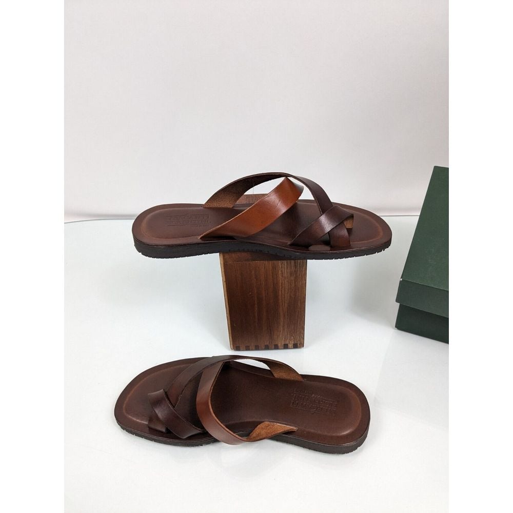 Mercanti Fiorentini Mens Sandals Brown Italian Leather Flip Flops 8 M M6571 New