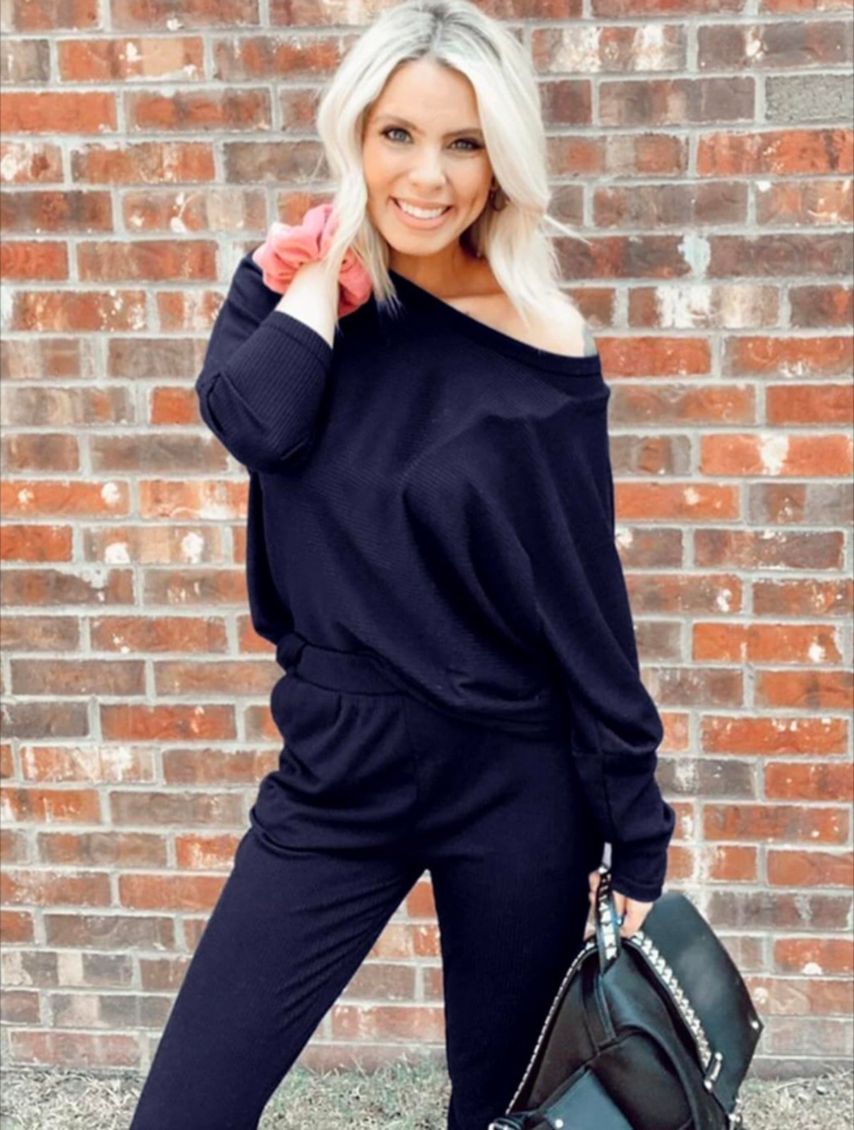 Chic Me 2 pc navy set skew ribbed top & drawstring ribbed knit pants New Sz XS/S