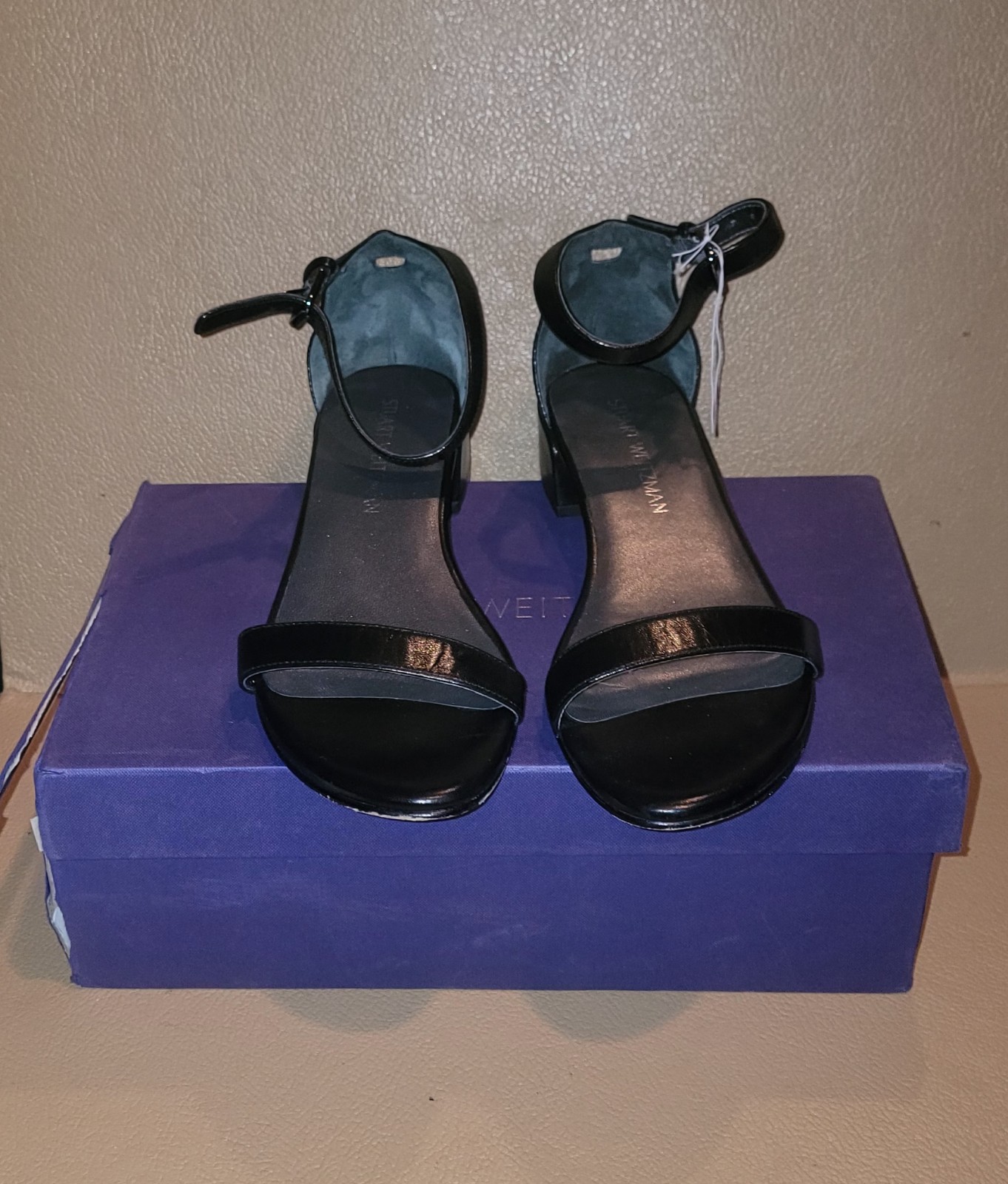 STUART WEITZMAN PREOWNED NUDISTJUNE BLACK LEATHER SANDALS SIZE 8.5 M