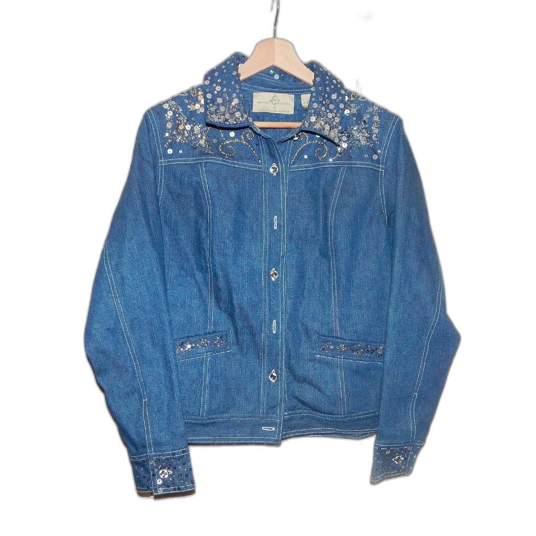 Design Options By Philip & Jane Gordon Silver Beaded Sequins Denim Jacket SZ M