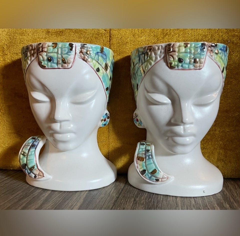 MCM Pair Lady Bust Head Vases Nubian Princess Pocket Planter Japan Ceramic home