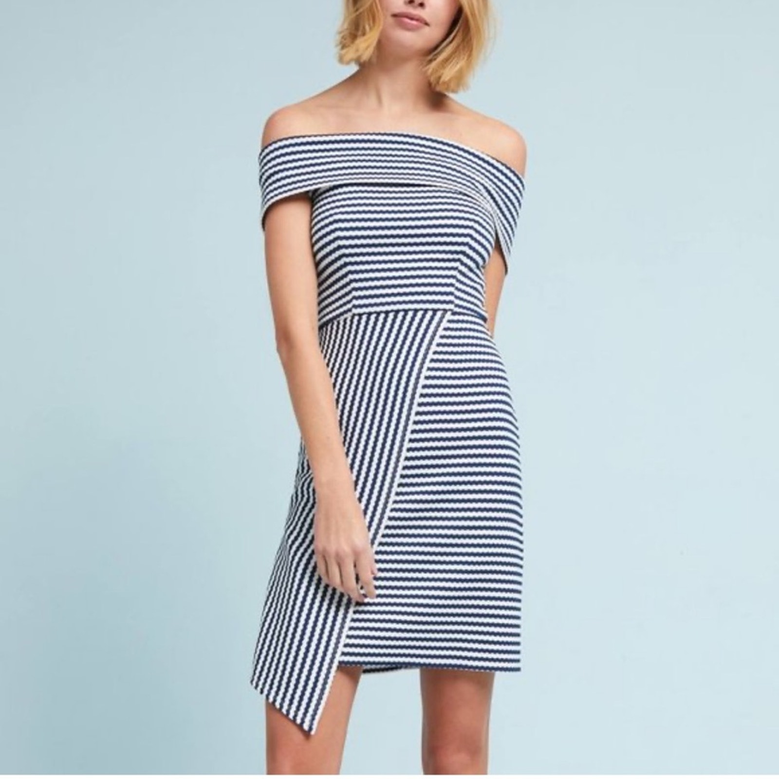 Hutch Blue White Striped Off Shoulder Asymmetrical Mini Dress Womens S Preppy