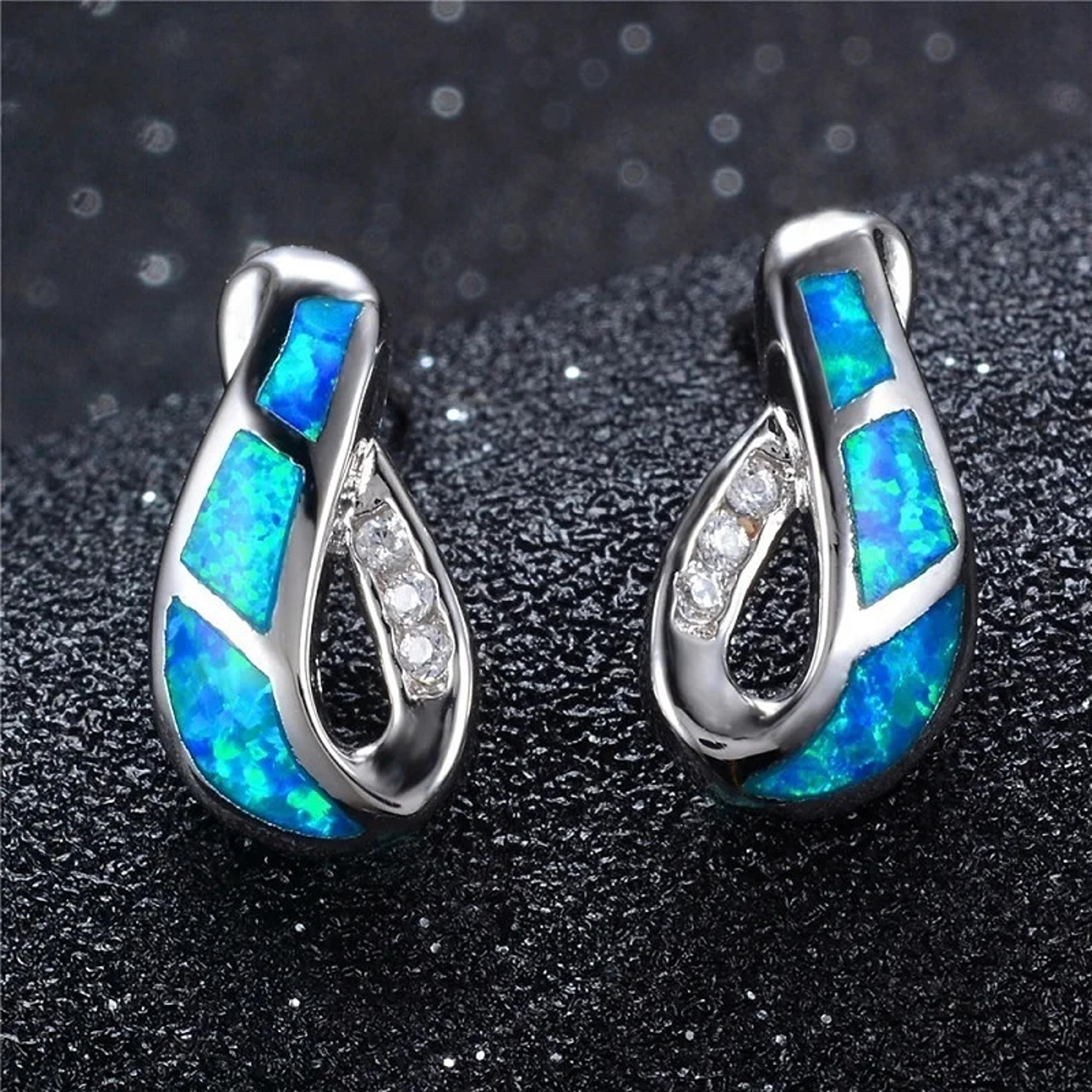 Luxury 925 Sterling Silver Blue Fire Opal CZ Stud Women Earrings GIFT BAG