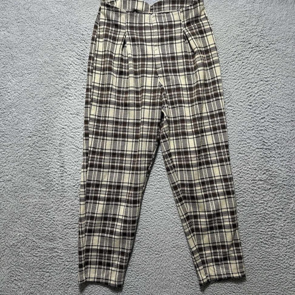 FREE PEOPLE Brown White Plaid Wide Leg Pants Size XS Barrel Boho Preppy Cottage