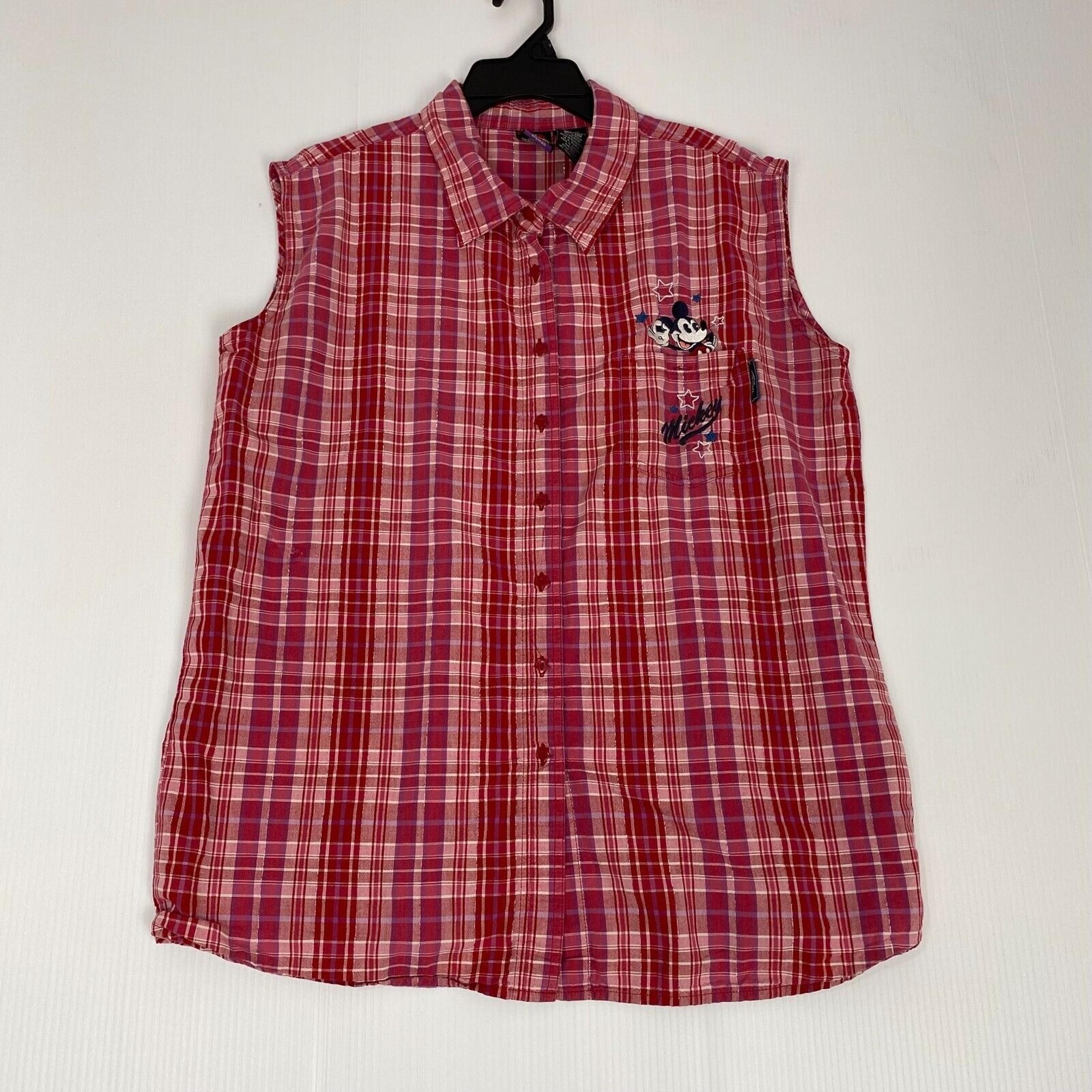 VTG Mickey Unlimited Disney Size 26W/28W Women Top Red Plaid Embroidered