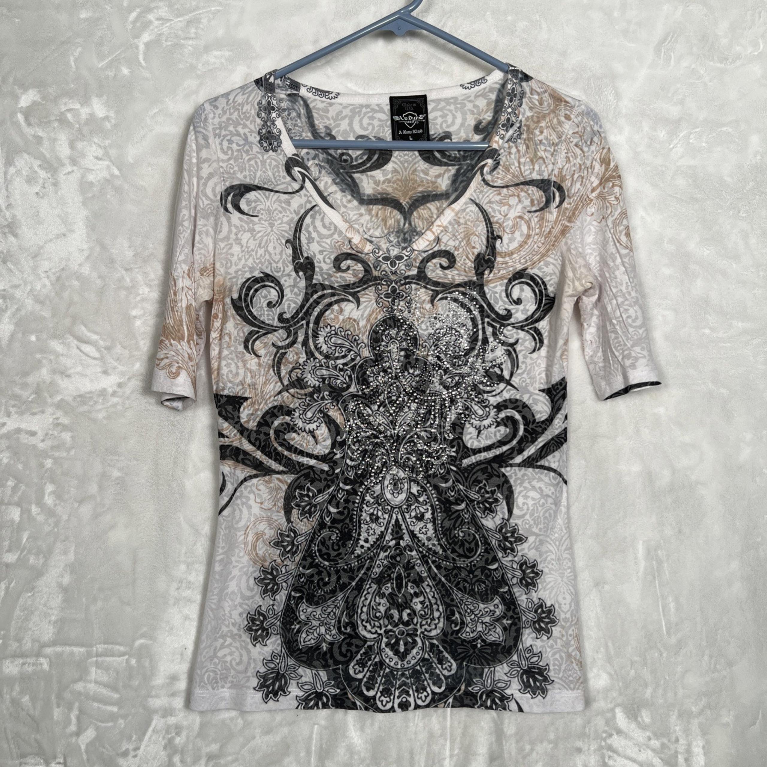 Sledge USA Womens Shirt Top LG Stone Stretch Design Rhinestones Black White Tan