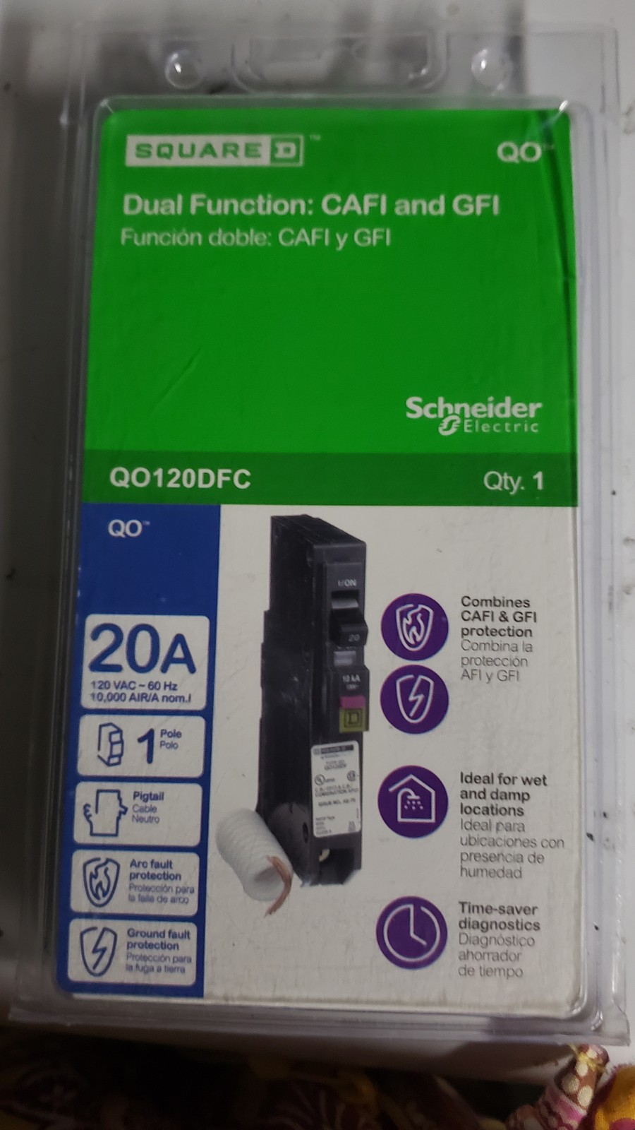 Dual function Circuit breaker 20A CAFI and GFI protection