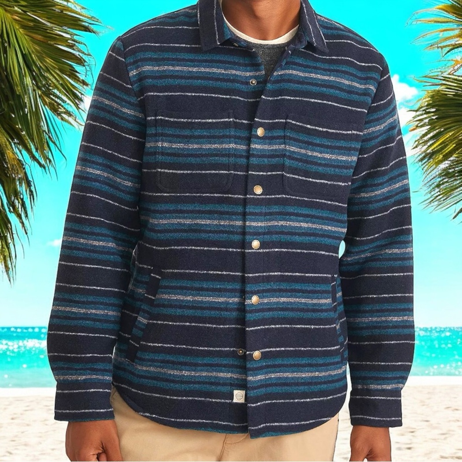 NWT Marine Layer Men’s Striped Snap Shacket in Dark Navy Baja Size Medium