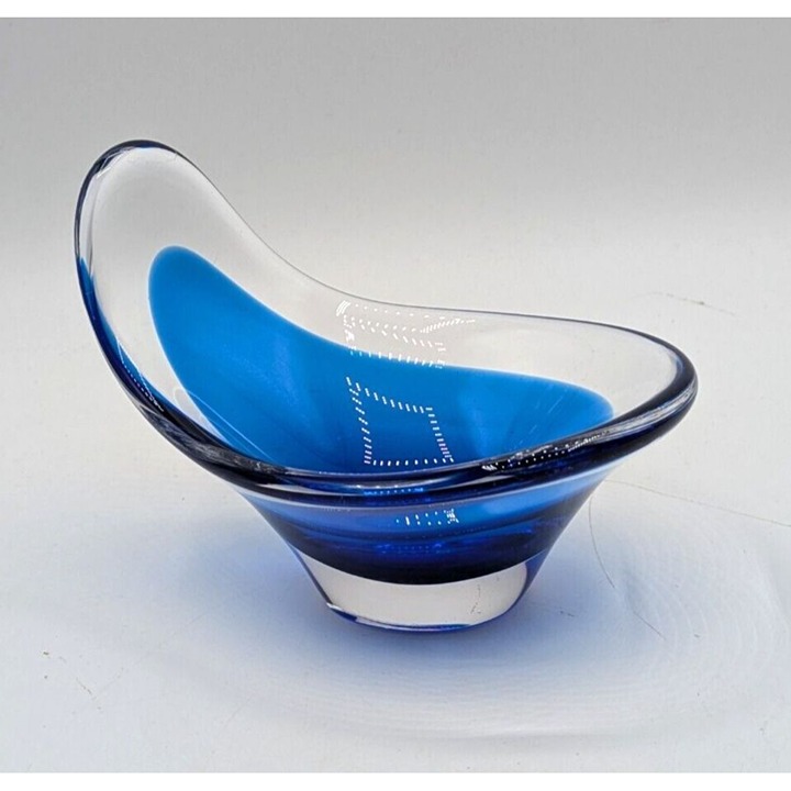 Flygsfors Coquille Cobalt Blue Cased Blown Art Glass Bowl Sweden Signed Vtg 5