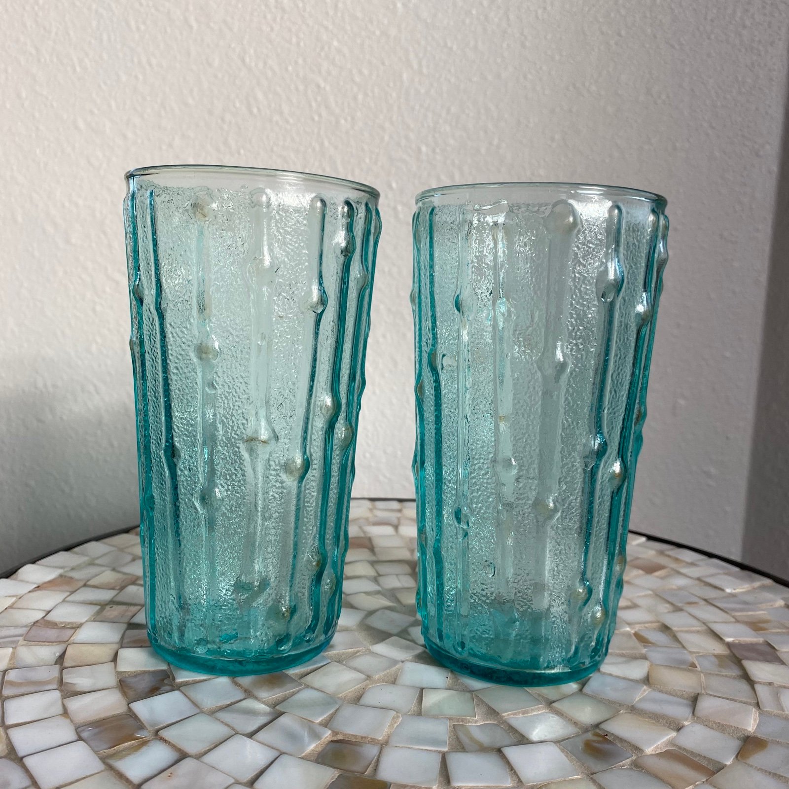 Vintage Rare Anchor Hocking Tahati Aquamarine bamboo glass tumbler set of 2