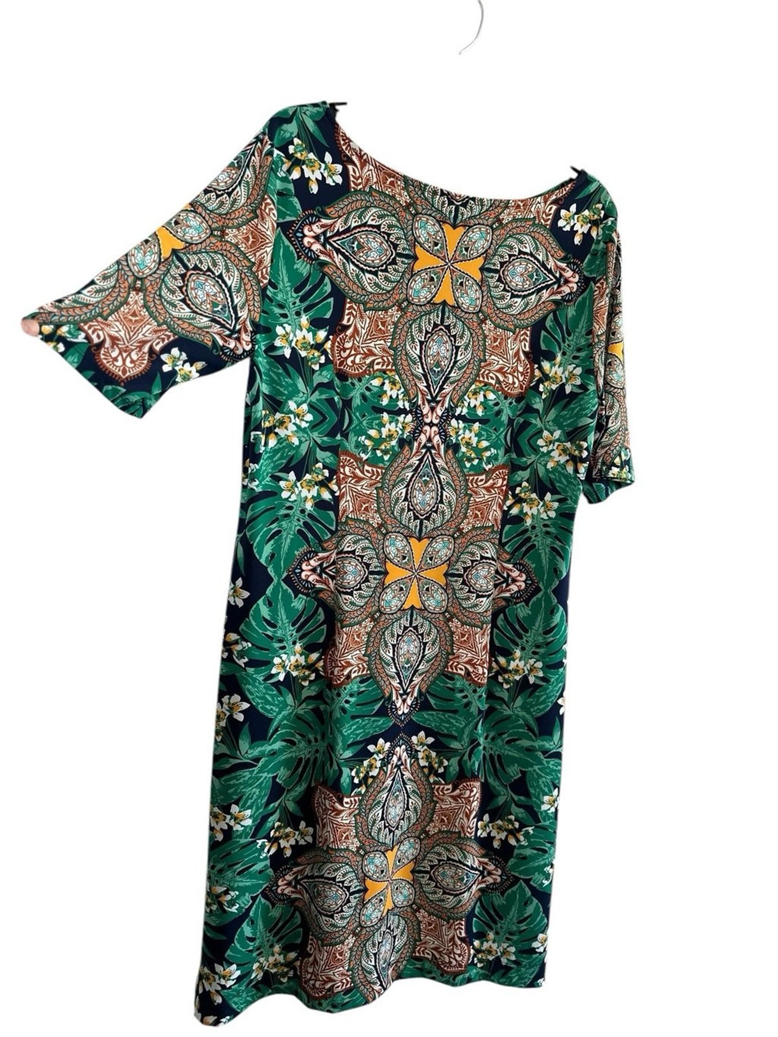 Roz & Ali Bohemian Tropical Floral Shift Dress Womens XL Green Knee-Length