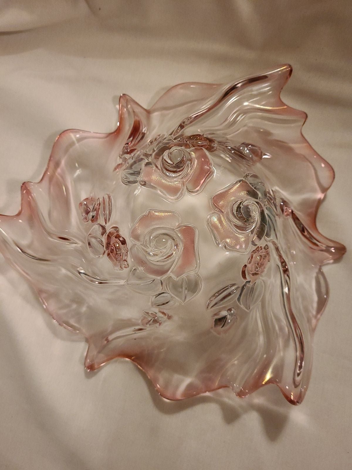 Vintage Mikasa Bella Rosa Pink Glass Crystal 13 Handkerchief Bowl Germany