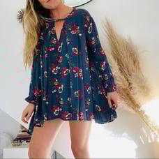 FP FREE PEOPLE Blue Turquoise Long Sleeve High Low Floral Mini Dress Tunic XS