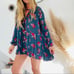 FP FREE PEOPLE Blue Turquoise Long Sleeve High Low Floral Mini Dress Tunic XS