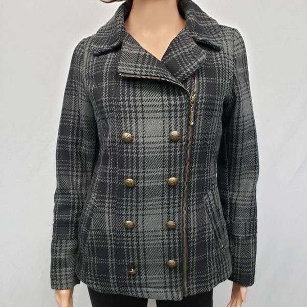 XOXO Faux Double Breasted Asymmetrical zip up Plaid Wool Blend Jacket Coat S
