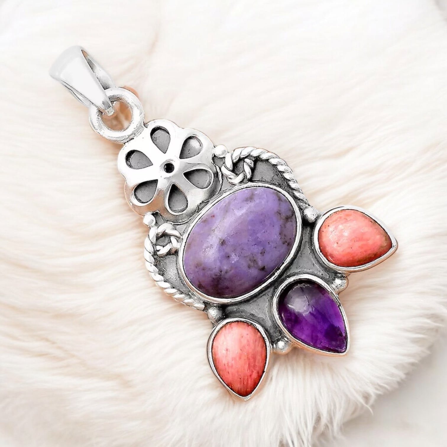 Lavender Jade, Tulip Jasper & Amethyst Solid 925 Sterling Silver Pendant