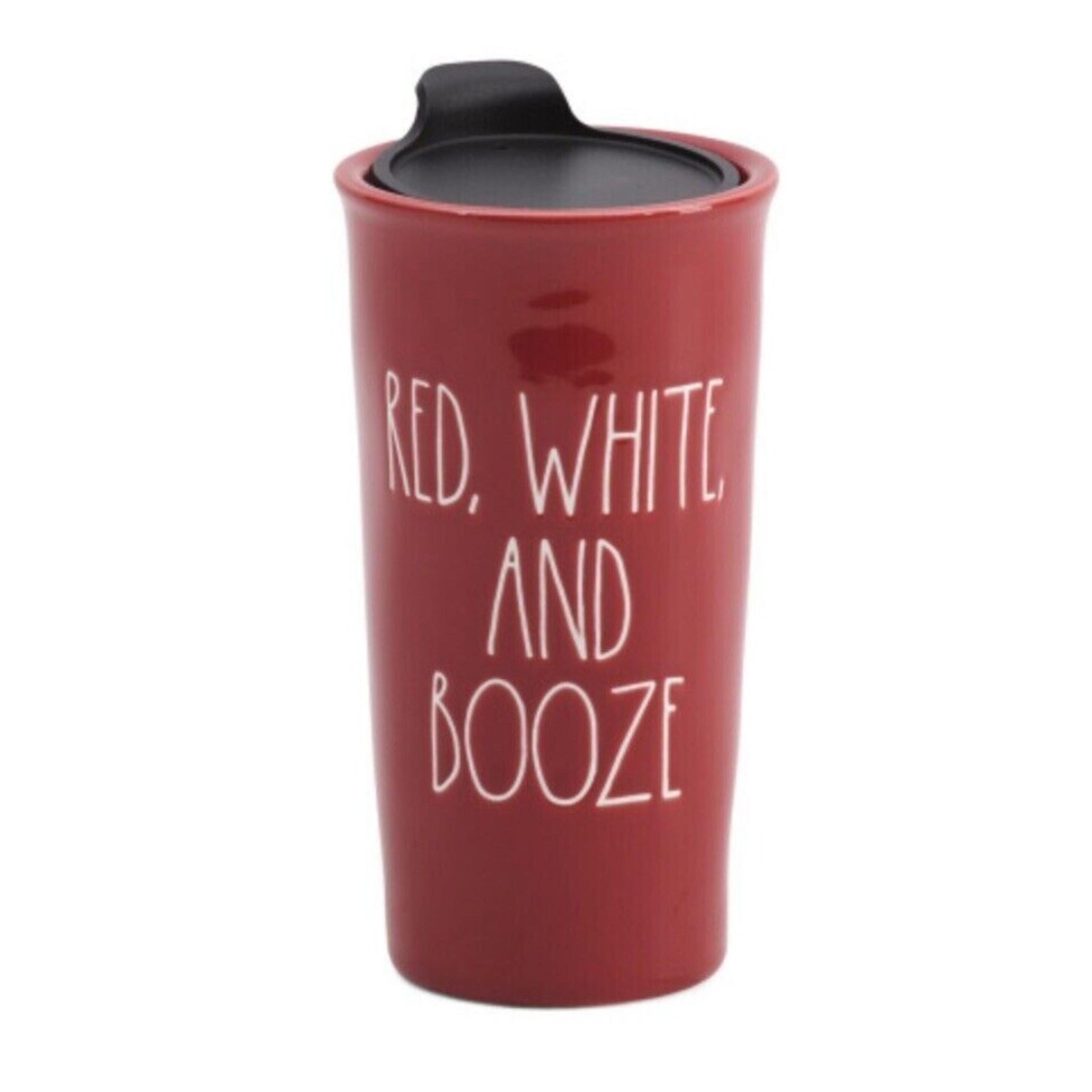 Rae Dunn Travel Mug Red White and Booze Red Ceramic Patriotic Independence Day