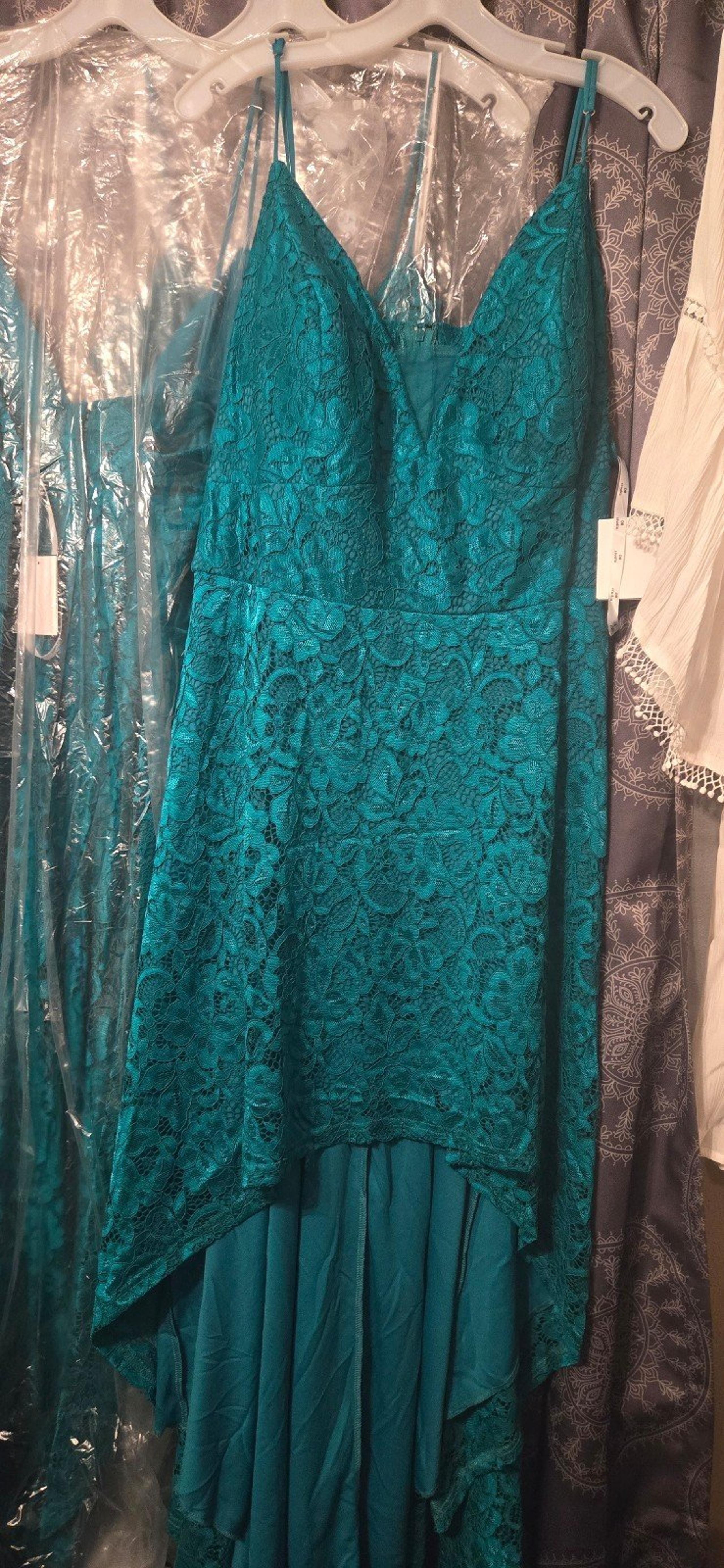 Davids bridal high low lace , jade green dress