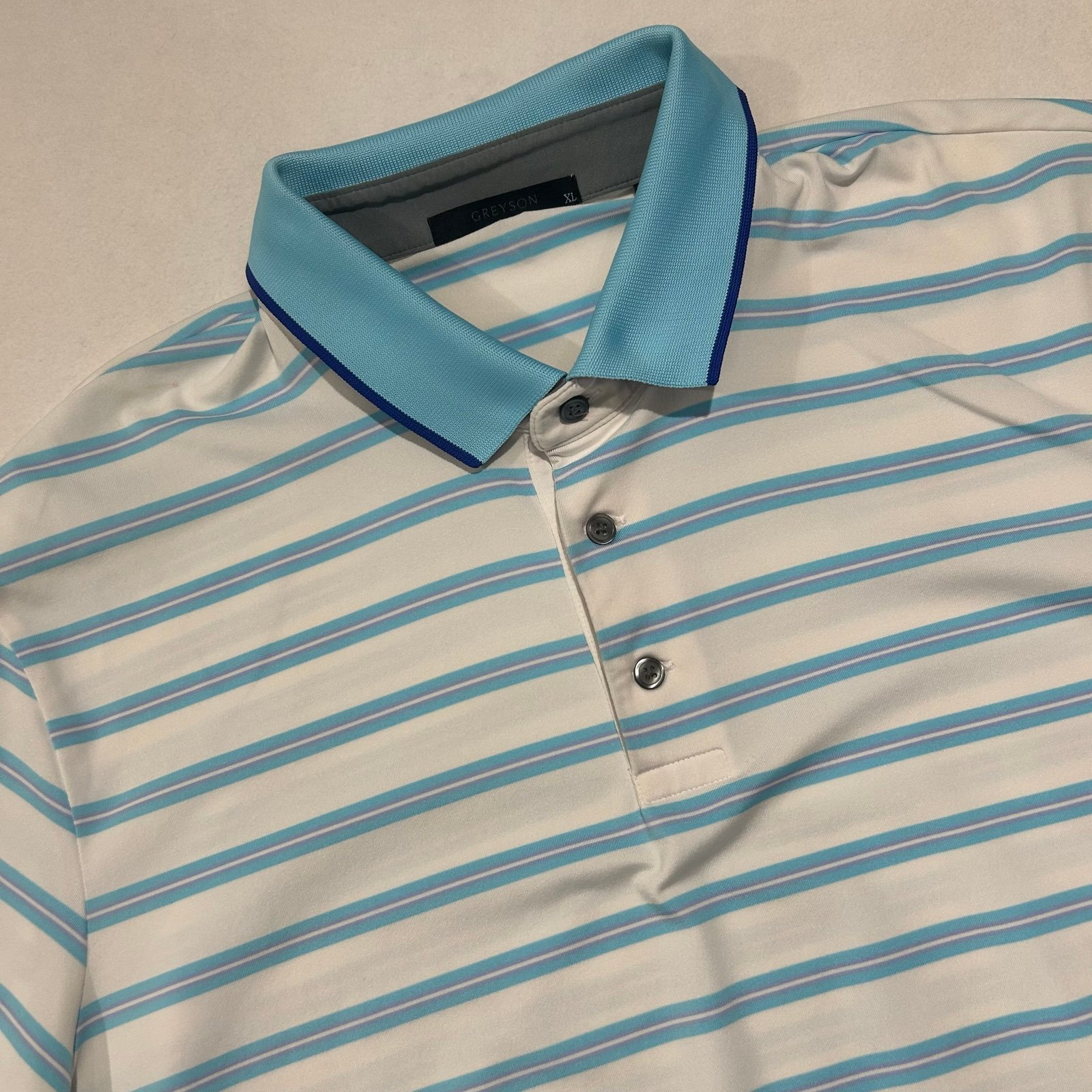 Greyson Men’s XL Blue Purple White Striped Short Sleeve Performance Golf Shirt