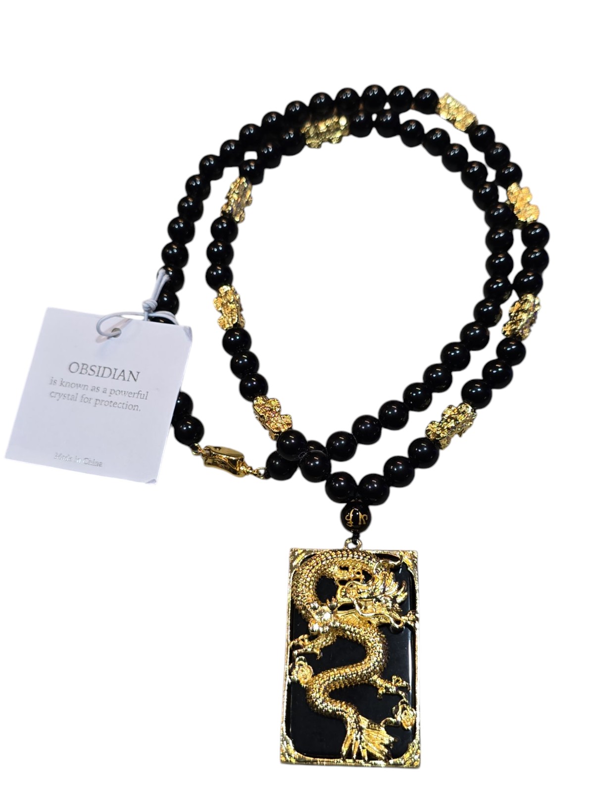 Natural Stone Obsidian And Gold Dragon Pendant Beaded Unisex Necklace