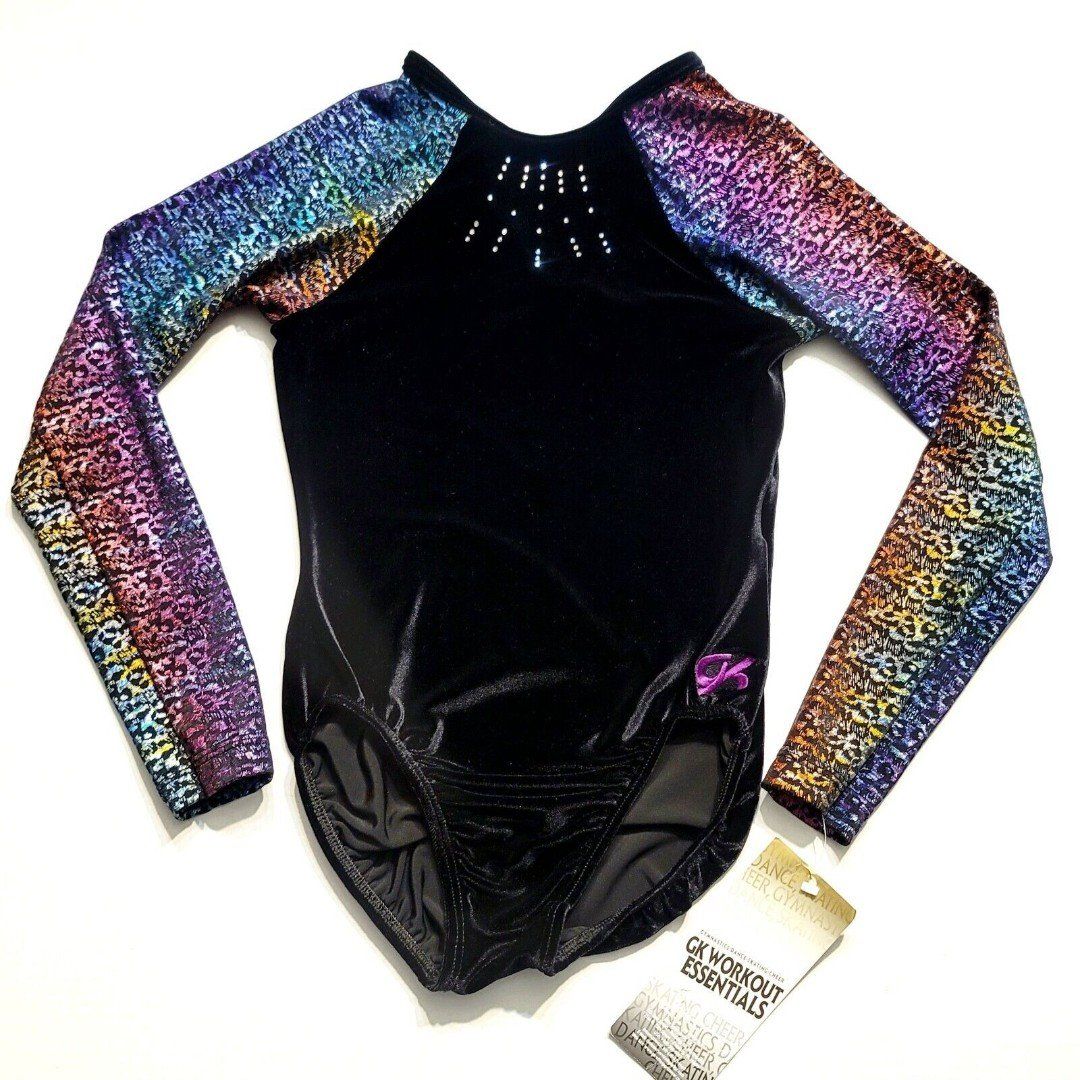 GK Elite AM Black Velvet Shiny Rainbow Leopard Dance Leotard Long Sleeve Adult M