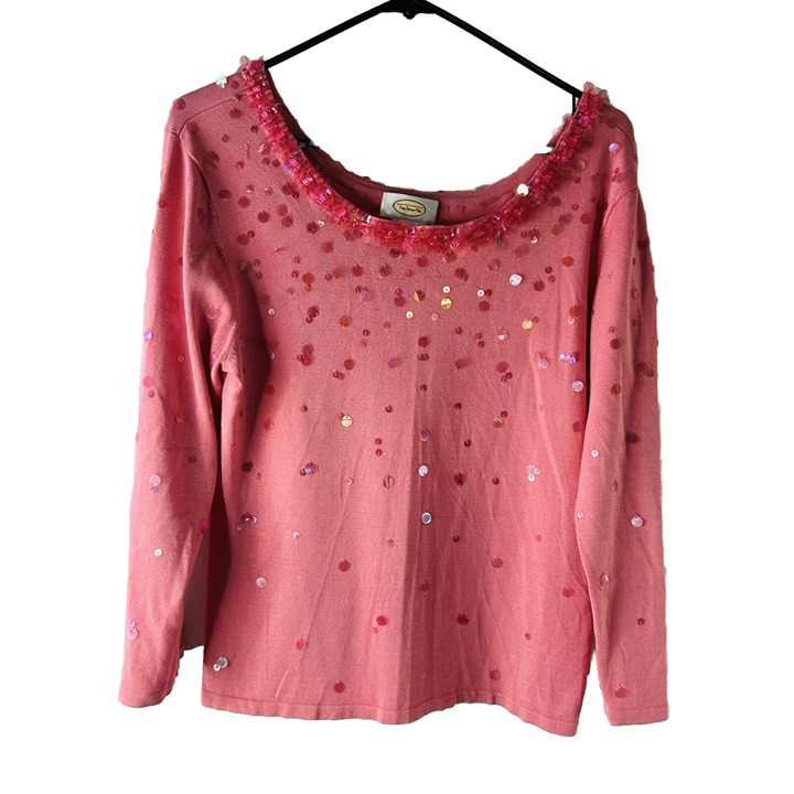 Vintage Y2K Womens Large Embellished Silk Knit Boat Neck Sweater Pink