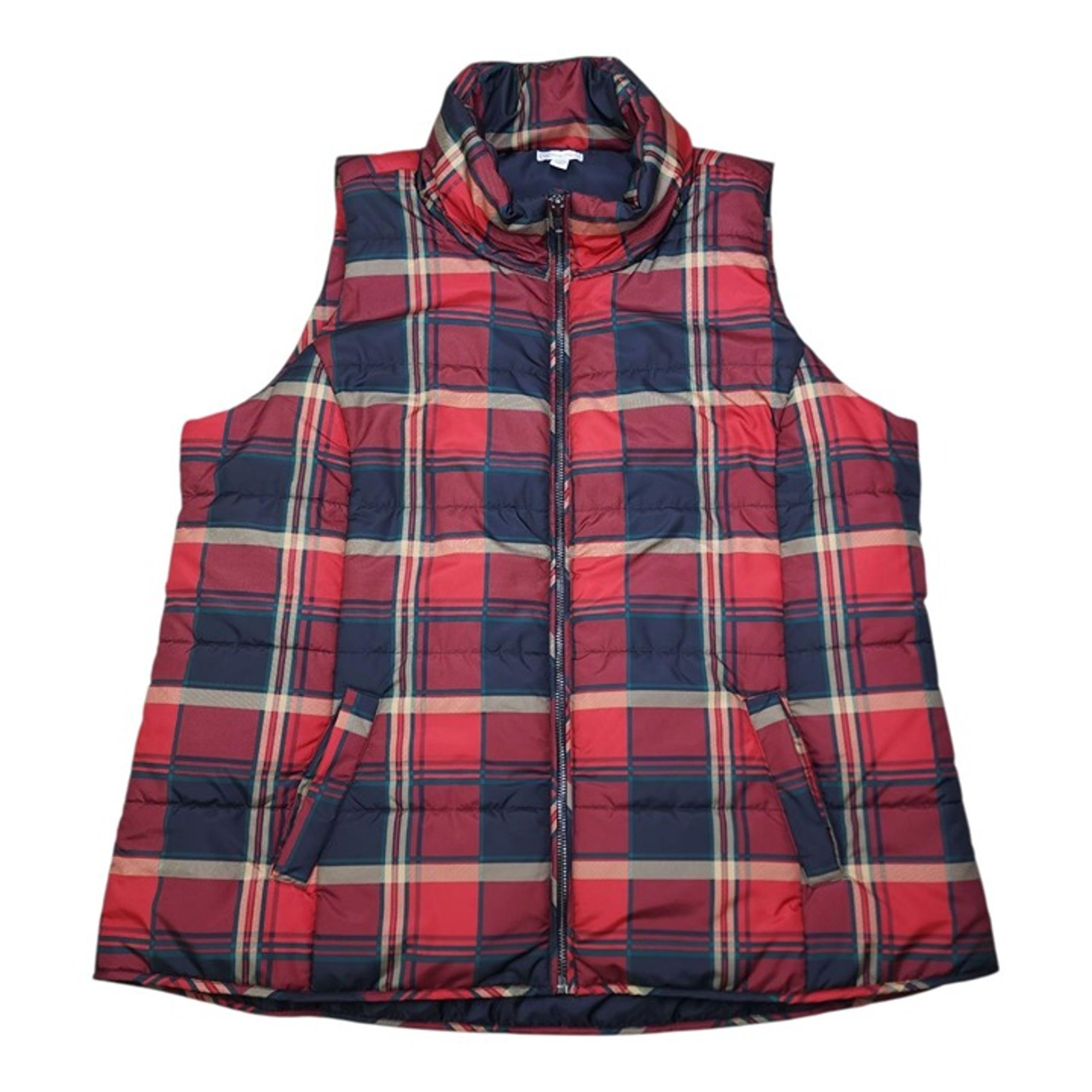 Cato Womens Plus Size 26/28W Puffer Vest Red & Navy Plaid Quilted Zip-Up