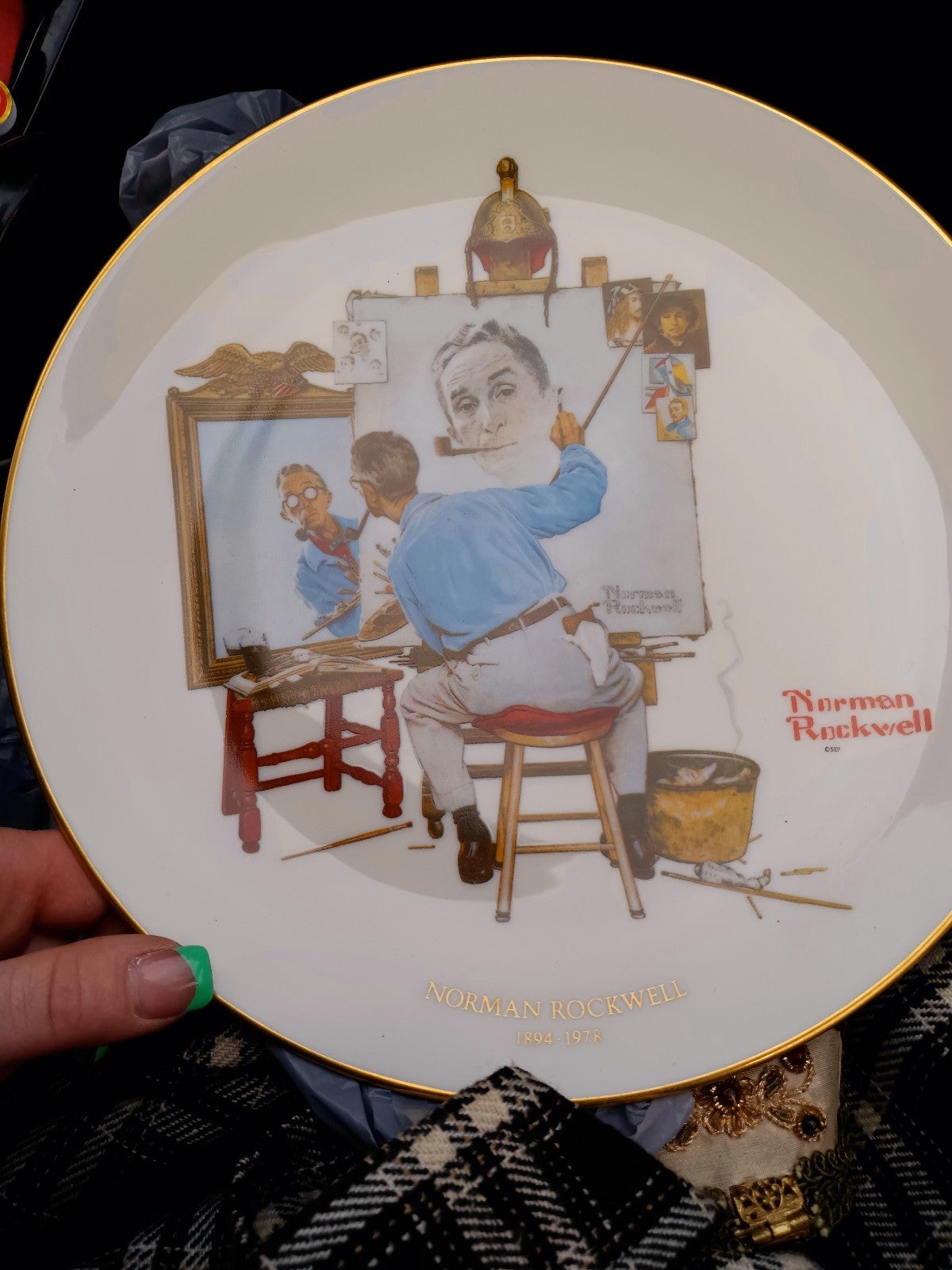 2 of Norman Rockwell “triple self portrait” plate  & Bell