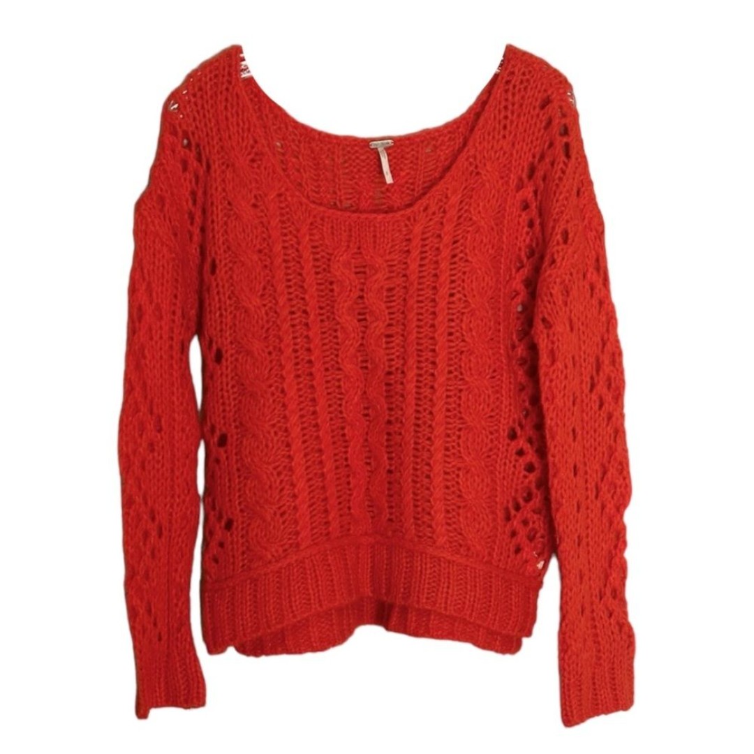 Free People Wool Cable Loose Knit Boxy Scoop Neck Sweater Size S Red Orange