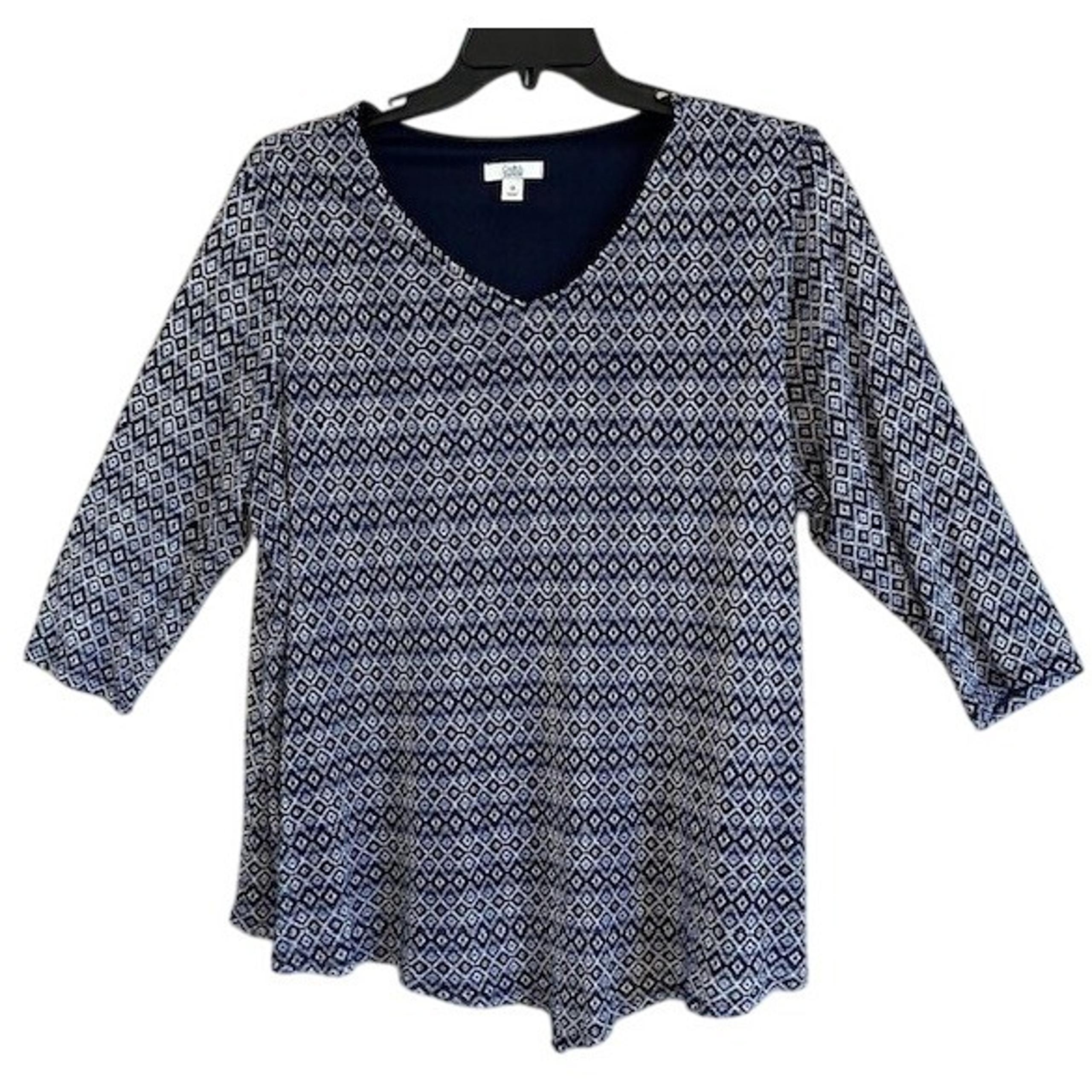 Croft & Barrow Women's V-Neck Navy Blue & White Print 3/4 Sleeve Tunic Blouse 1X