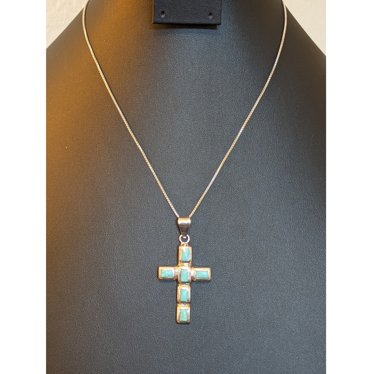 VTG Mexico Artisan 925 Sterling Turquoise Inlay Cross Pendant Box Chain Necklace