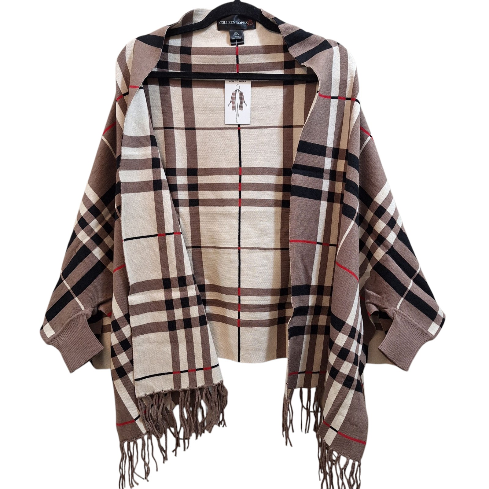 New Colleen Lopez Womens Size M/L Shawl Wrap Open Front Knit Cover Brown Plaid
