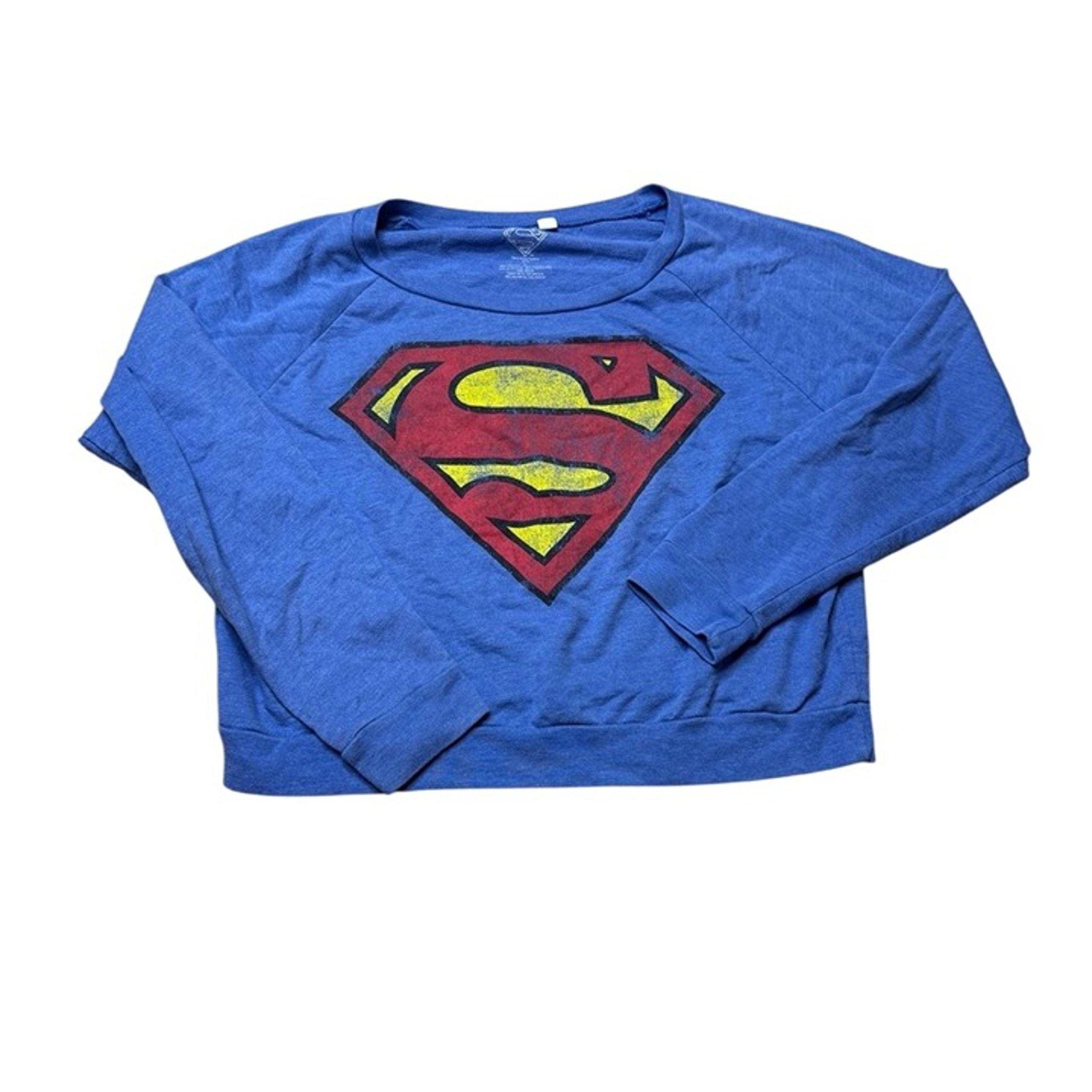 VTG Superman Logo Long Sleeve Women’s Large Cropped Top Blue