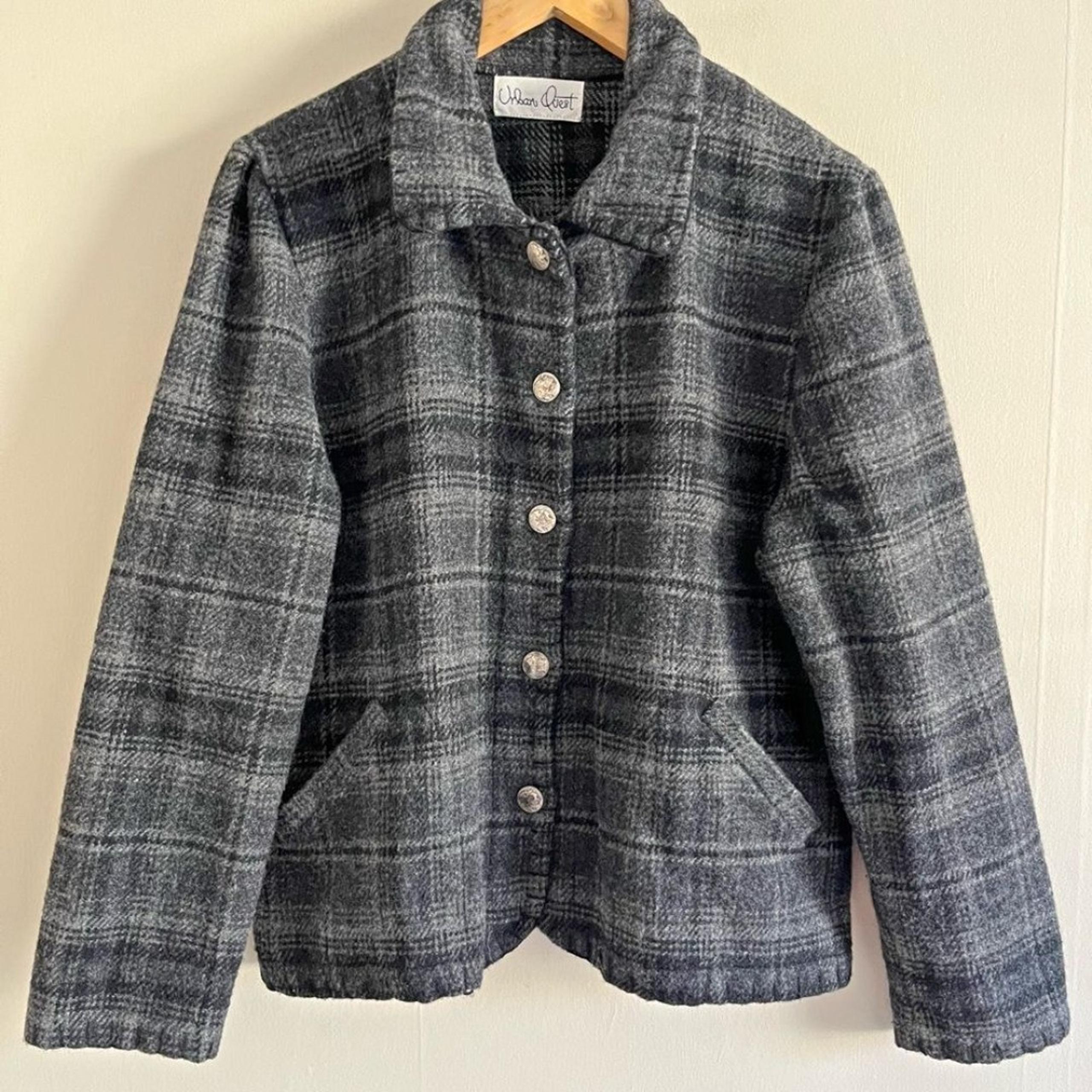 Vintage urban quest Native American buttons gray plaid wool jacket 90s