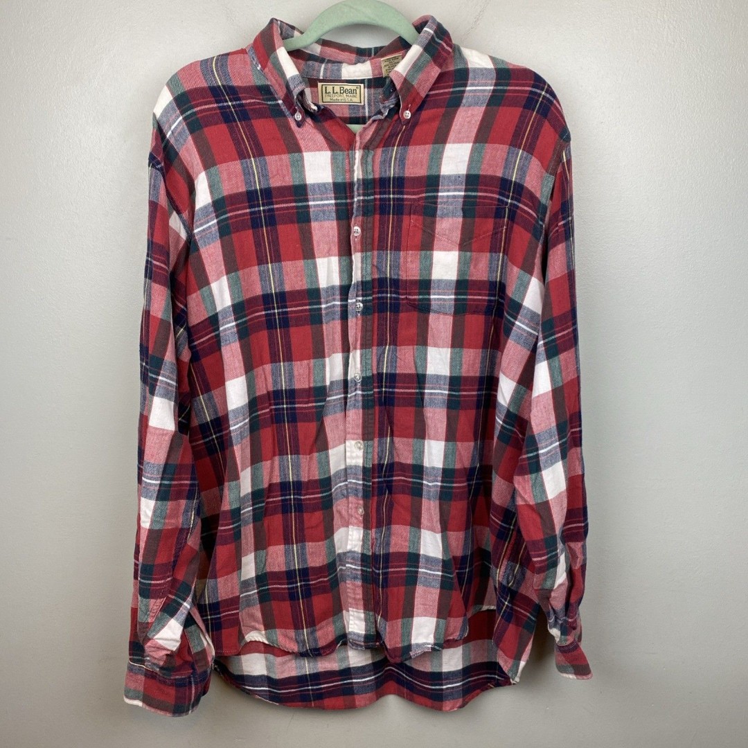 LL bean flannel shirt Mens L red long sleeve tartan USA Made c818 VTG 90s