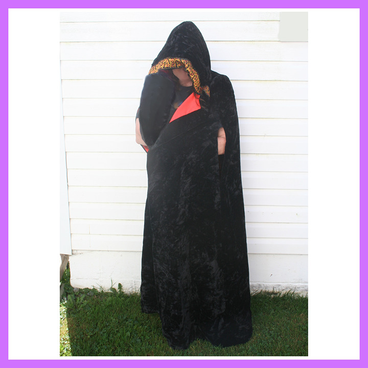 Hooded Cloak Black/Orange Velvet / Silky Lined Heavy Duty 2XX