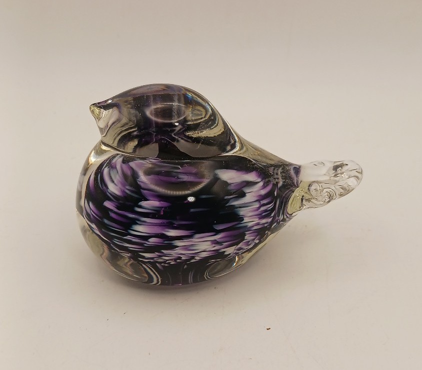 Handblown Art Glass Bird Figurine Paperweight Purple White 3.25