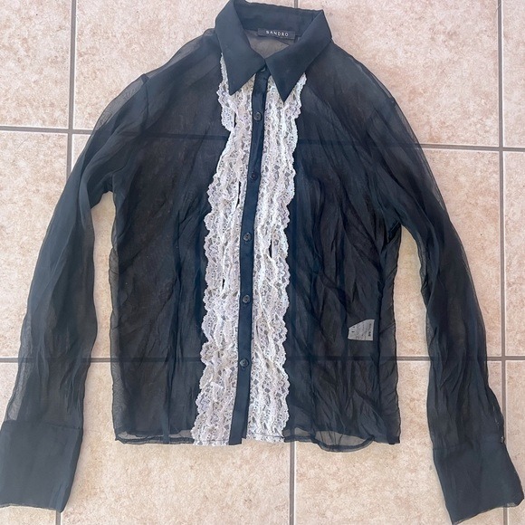 Sandro vintage sheer black long sleeve lace ruffle button up shirt. Size S