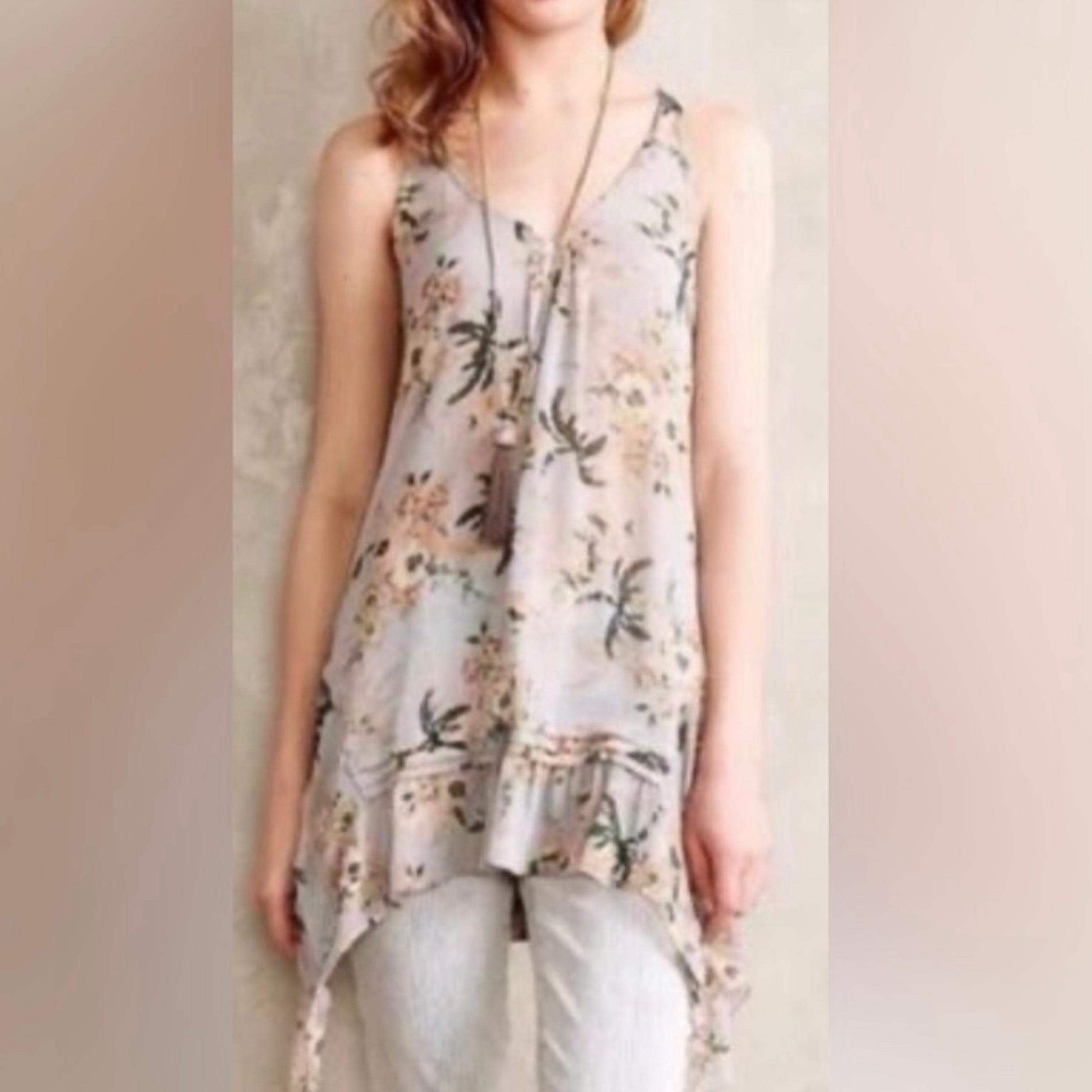 Maeve Anthropologie Romantic Magda Floral Ruffle Asymmetric Tunic Top Blouse M