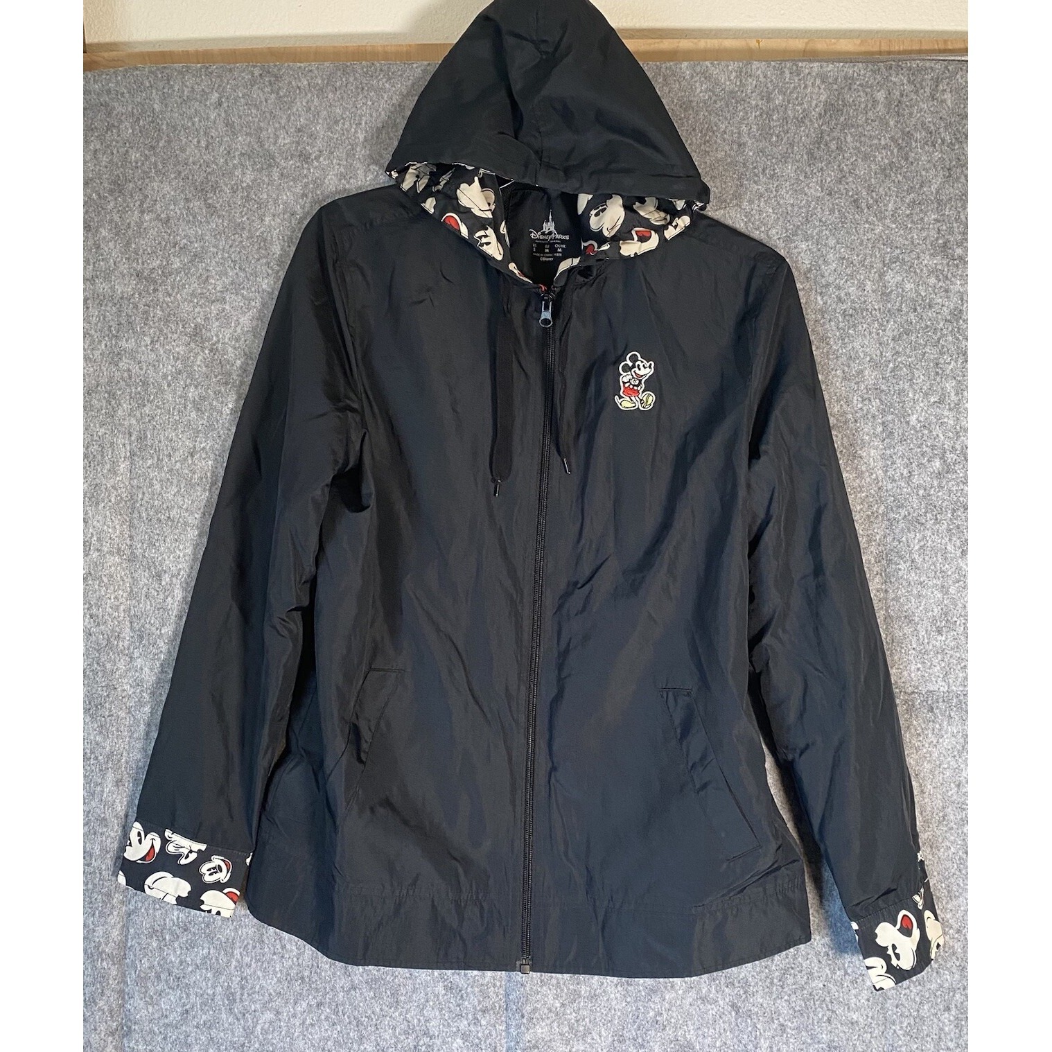 Disney Parks Rain Jacket Womens Small Coat Mickey Mouse Black Hooded Windbreaker