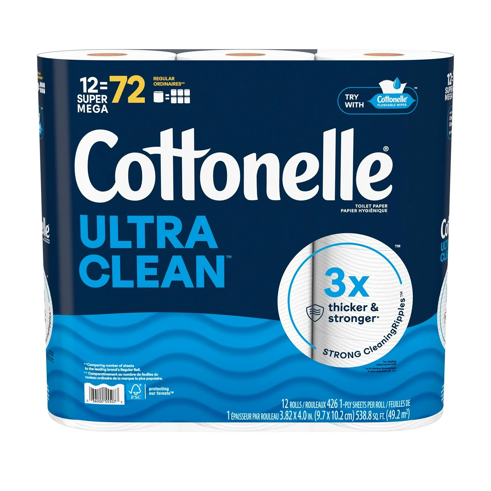 Cottonelle Ultra Clean Toilet Paper, Strong Toilet Tissue, 12 Super Mega Rolls