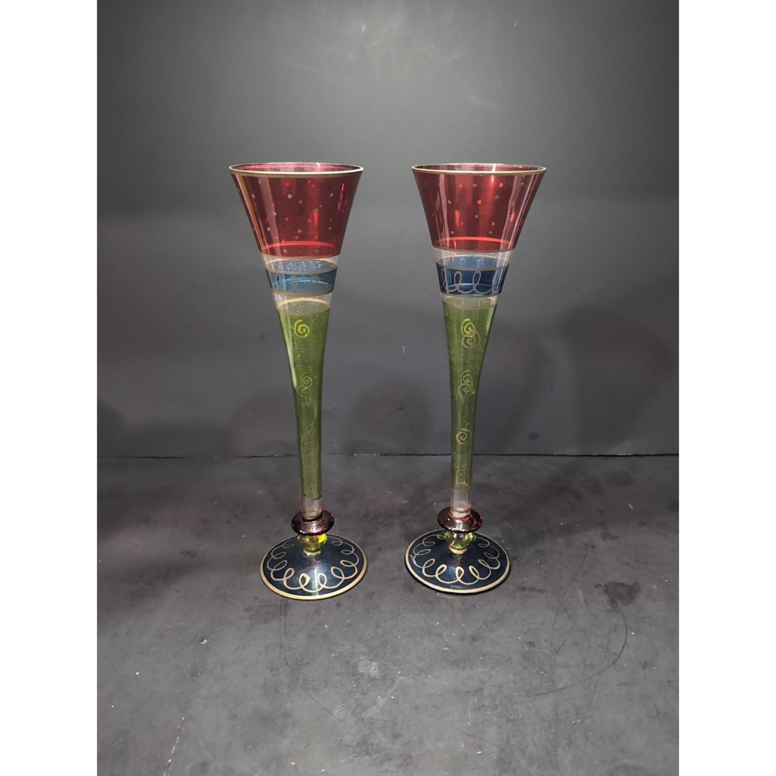 Pier 1 Festive Stripes Champagne Flutes, Set of 2, Hollow Stem, Hand Painted