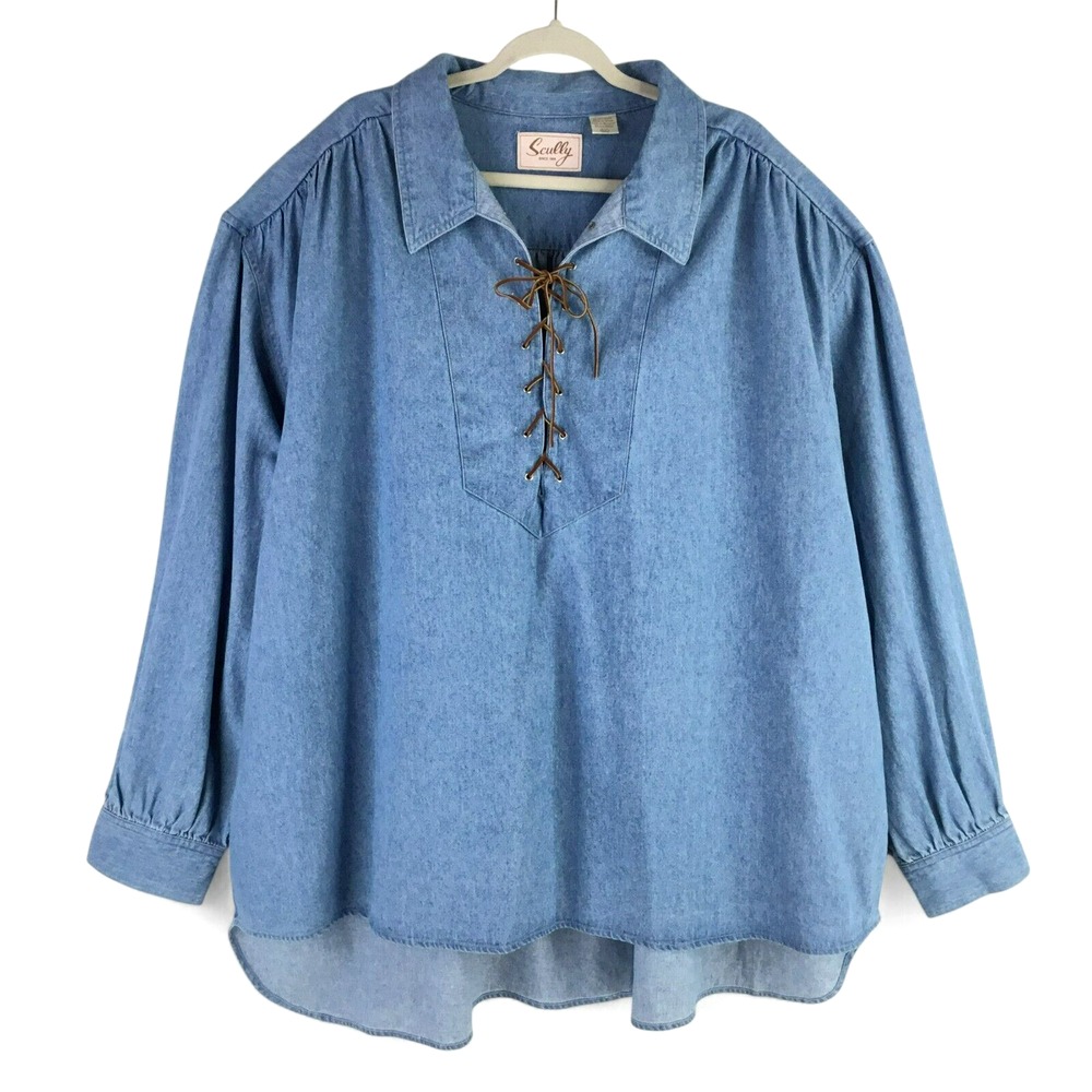 Scully Denim Western Tunic Top Women 4X Blue Long Sleeve Popover Leather Lace Up